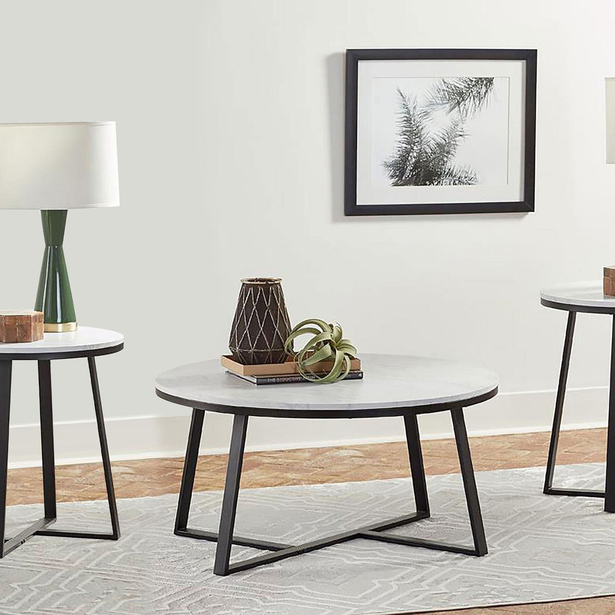 Hugo 3-piece Coffee and End Table Set White Faux Marble