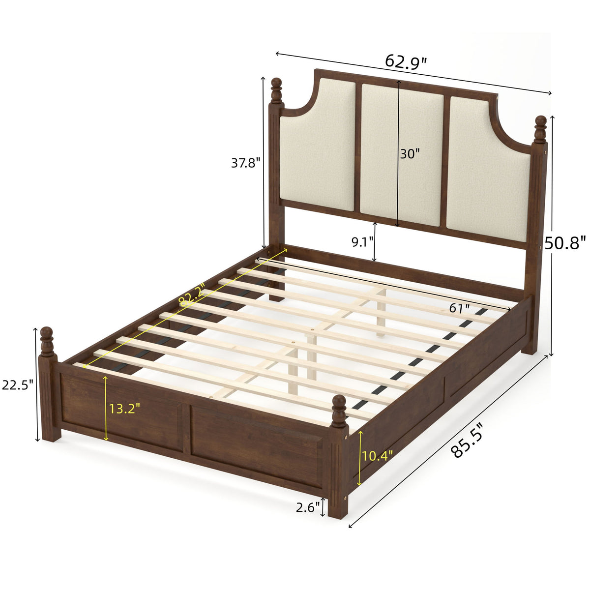 Dark brown platform bed frame with tall upholstered headboard and beige panels, with dimensions