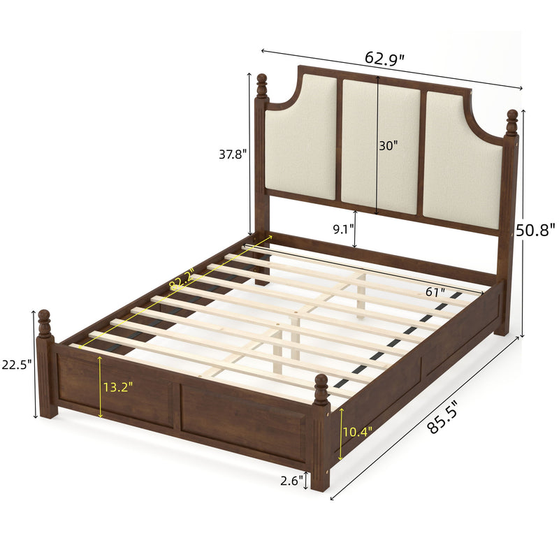 Dark brown platform bed frame with tall upholstered headboard and beige panels, with dimensions