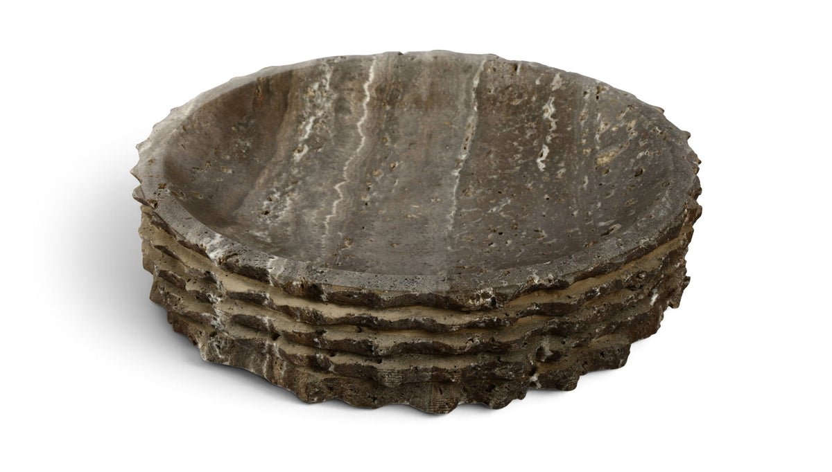Caesar genuine marble bowl in gray, speckled stone with stacked rim layers