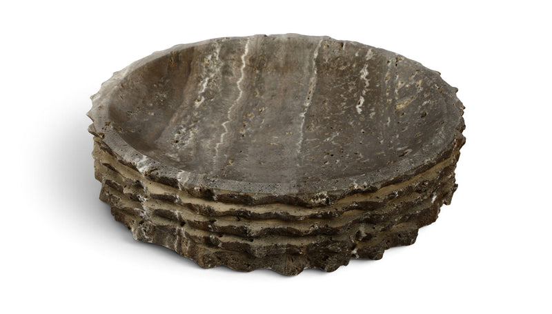 Caesar genuine marble bowl in gray, speckled stone with stacked rim layers