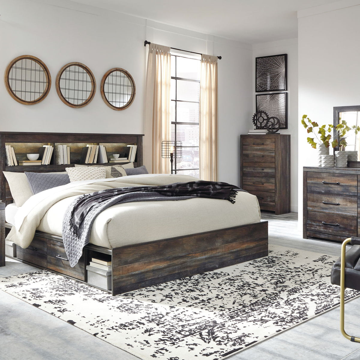 Panel bookcase bed with dark wood finish, open headboard shelving, and side drawer storage