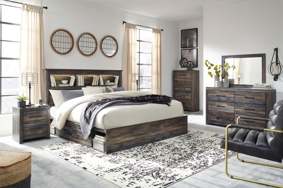 Panel bookcase bed with dark wood finish, open headboard shelving, and side drawer storage