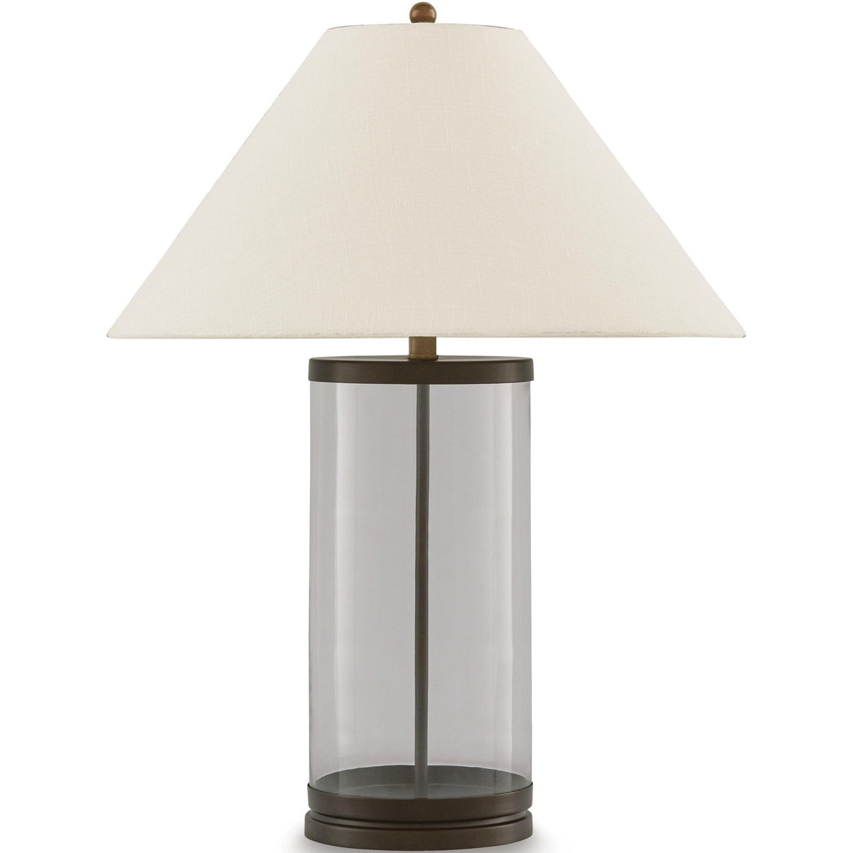 Junrow glass table lamp with clear cylinder base, beige fabric shade, and brown accents