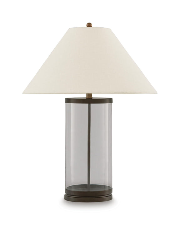 Junrow glass table lamp with clear cylinder base, beige fabric shade, and brown accents