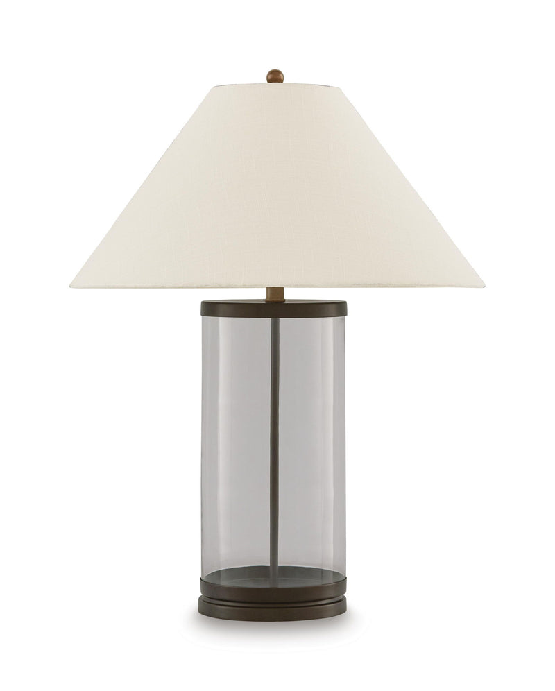 Junrow glass table lamp with clear cylinder base, beige fabric shade, and brown accents