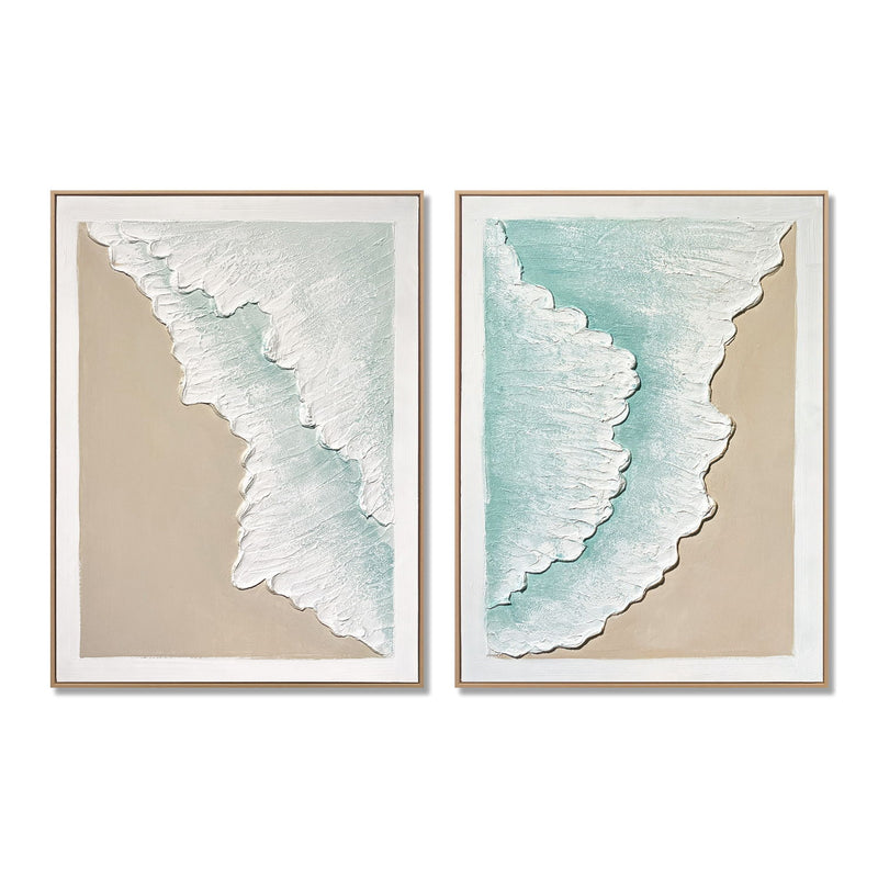 Framed Ocean Wave Wall Art, Textured Canvas Painting, Beach Decor For Living Room (Set of 2) - Aqua Blue