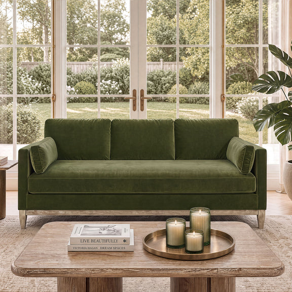 Knox modern farmhouse sofa in dark green, rolled arms, three seat cushions, wooden legs