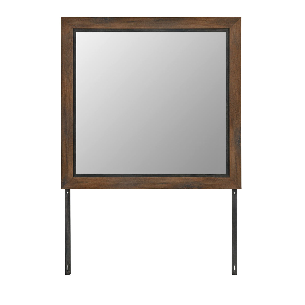 Standing wall mirror with brown wood frame and dark metal legs