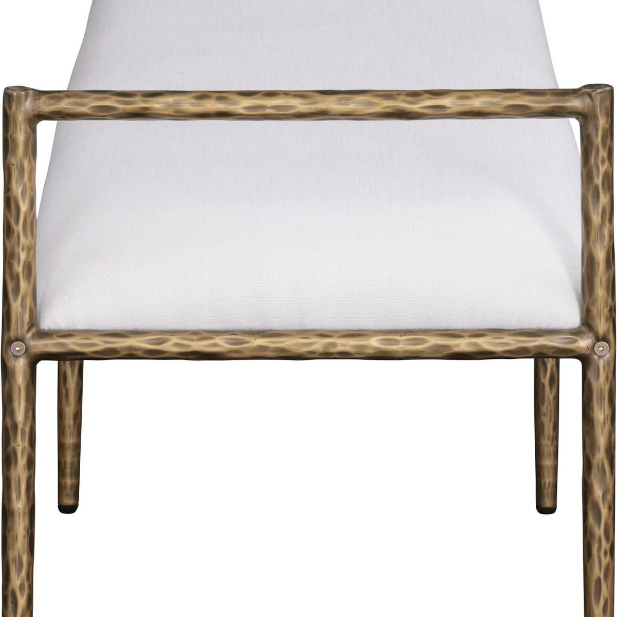 Upholstered bench with bronze metal frame and light cream upholstered backrest