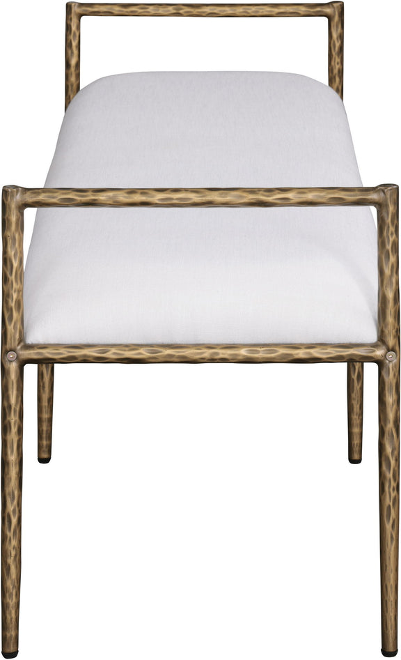 Upholstered bench with bronze metal frame and light cream upholstered backrest