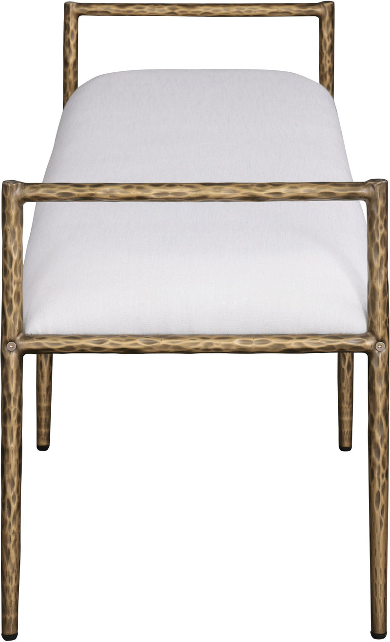 Upholstered bench with bronze metal frame and light cream upholstered backrest