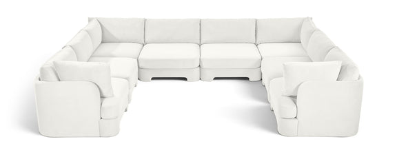 White velvet U-shaped sectional sofa, 8-piece set with boxed seat cushions