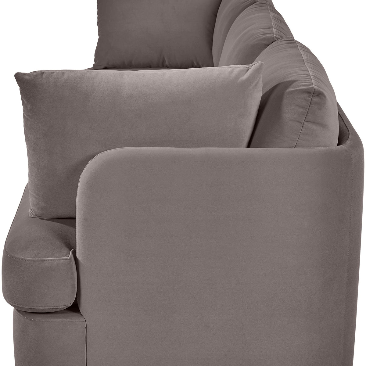Velvet upholstered 3-piece sofa in medium gray with rounded arms and throw cushion