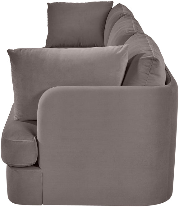 Velvet upholstered 3-piece sofa in medium gray with rounded arms and throw cushion