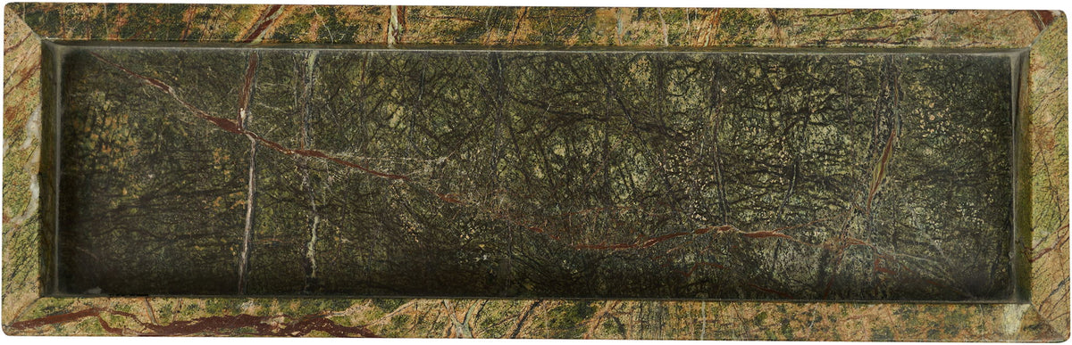 Rectangular green marble tray with dark mottling and gold-toned veining