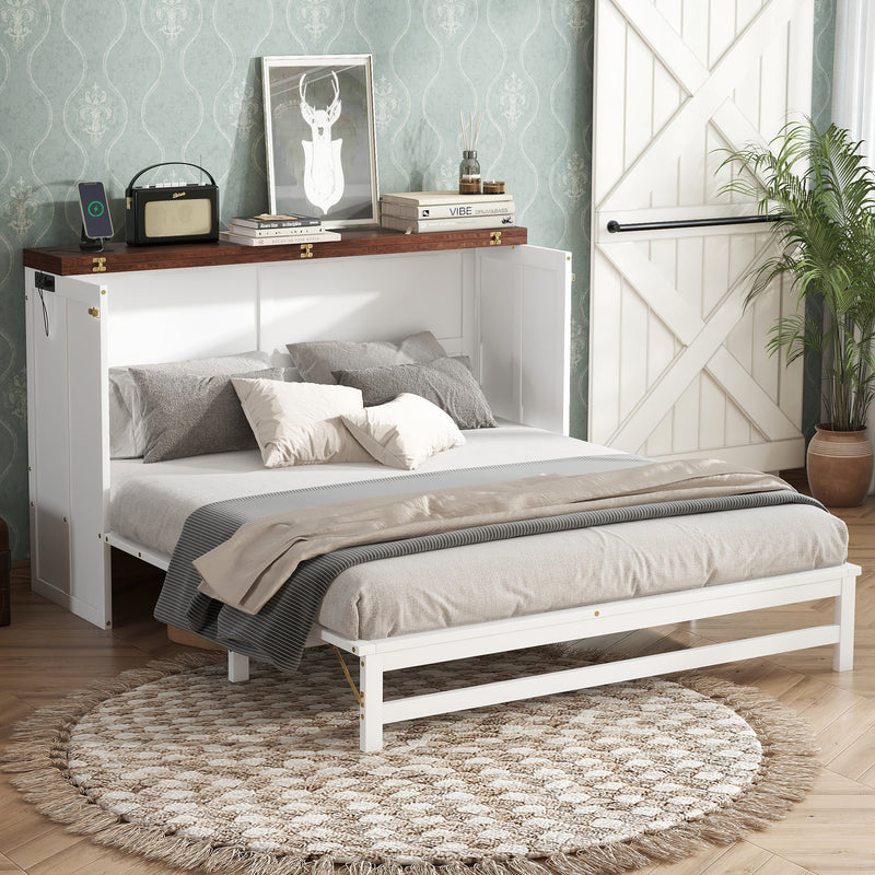 Murphy Bed Cabinet Queen with Storage Drawer and Charging Station, USB Port, Solid Pine Murphy Bedframe for Home Office, Studio or Guest Room, White-walnut