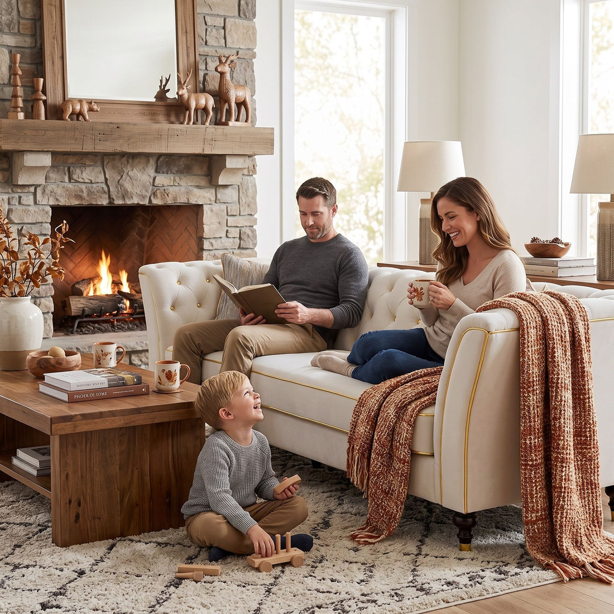 Three-person sofa with deep seat, tufted backrest, rolled arms and light upholstery