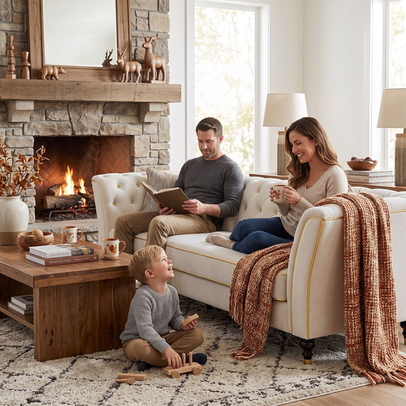 Three-person sofa with deep seat, tufted backrest, rolled arms and light upholstery