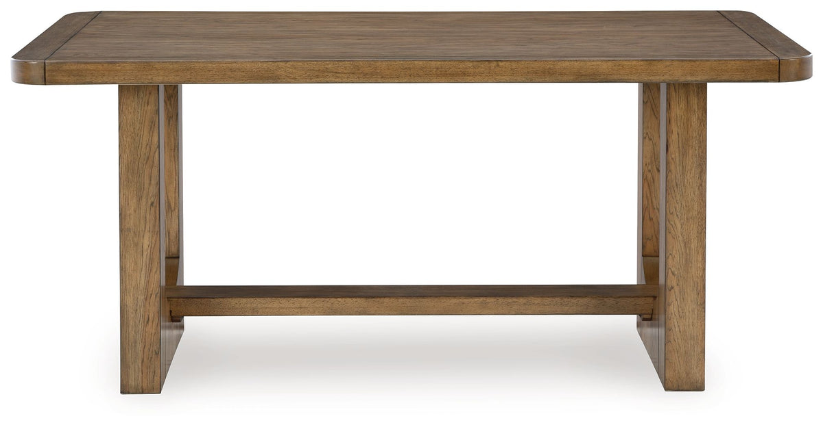 Rectangular dining counter table front view, open apron, light brown legs and dark top.