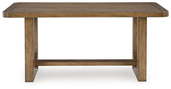 Rectangular dining counter table front view, open apron, light brown legs and dark top.