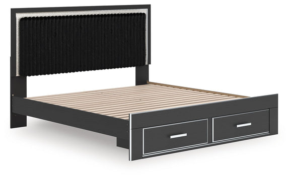 Black upholstered panel platform storage bed with ribbed headboard and two front drawers