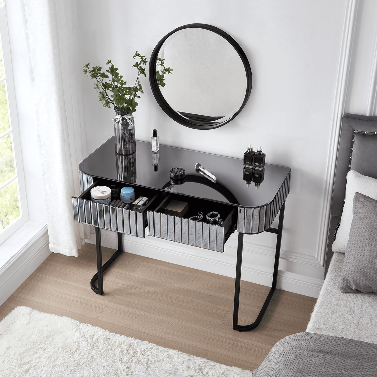 Mirrored Makeup Vanity Table With Stainless Steel Base And 2 Drawers