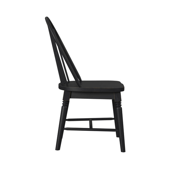 Black dining chair with slatted back and padded seat, tapered legs