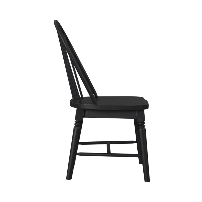 Black dining chair with slatted back and padded seat, tapered legs