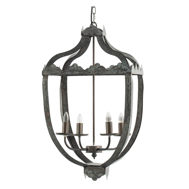 Gray 4-light hanging chandelier with clear glass panels and ornate curved metal frame.