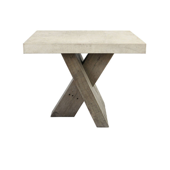 Distressed gray end table with wide tabletop and crossed V-shaped legs