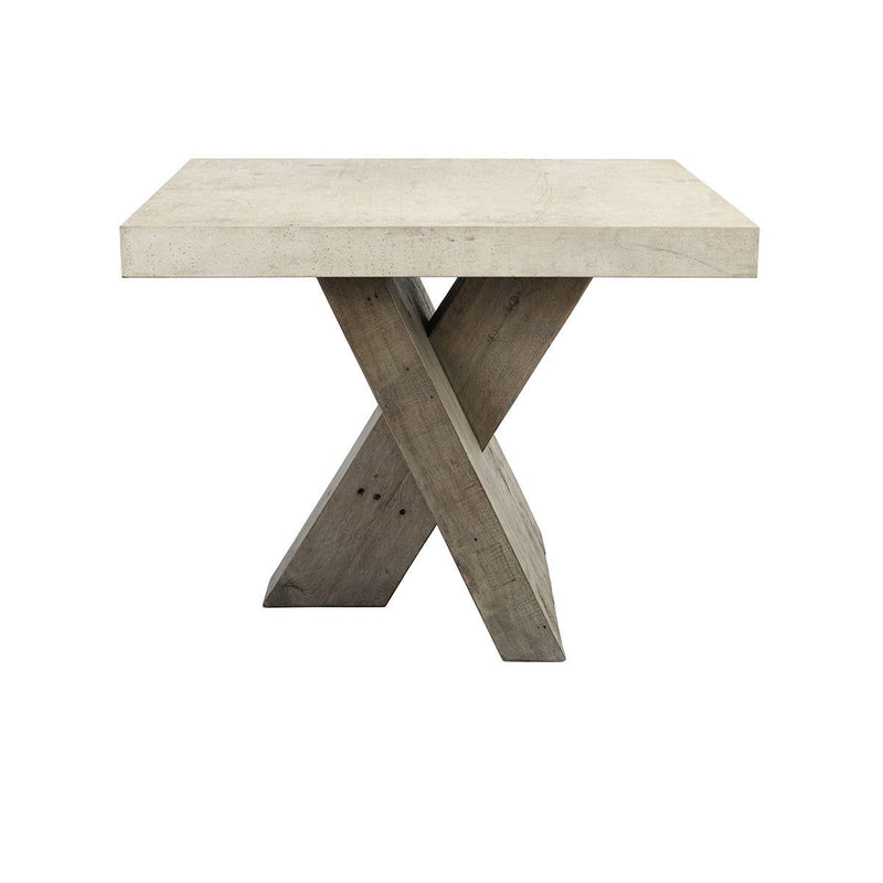Distressed gray end table with wide tabletop and crossed V-shaped legs