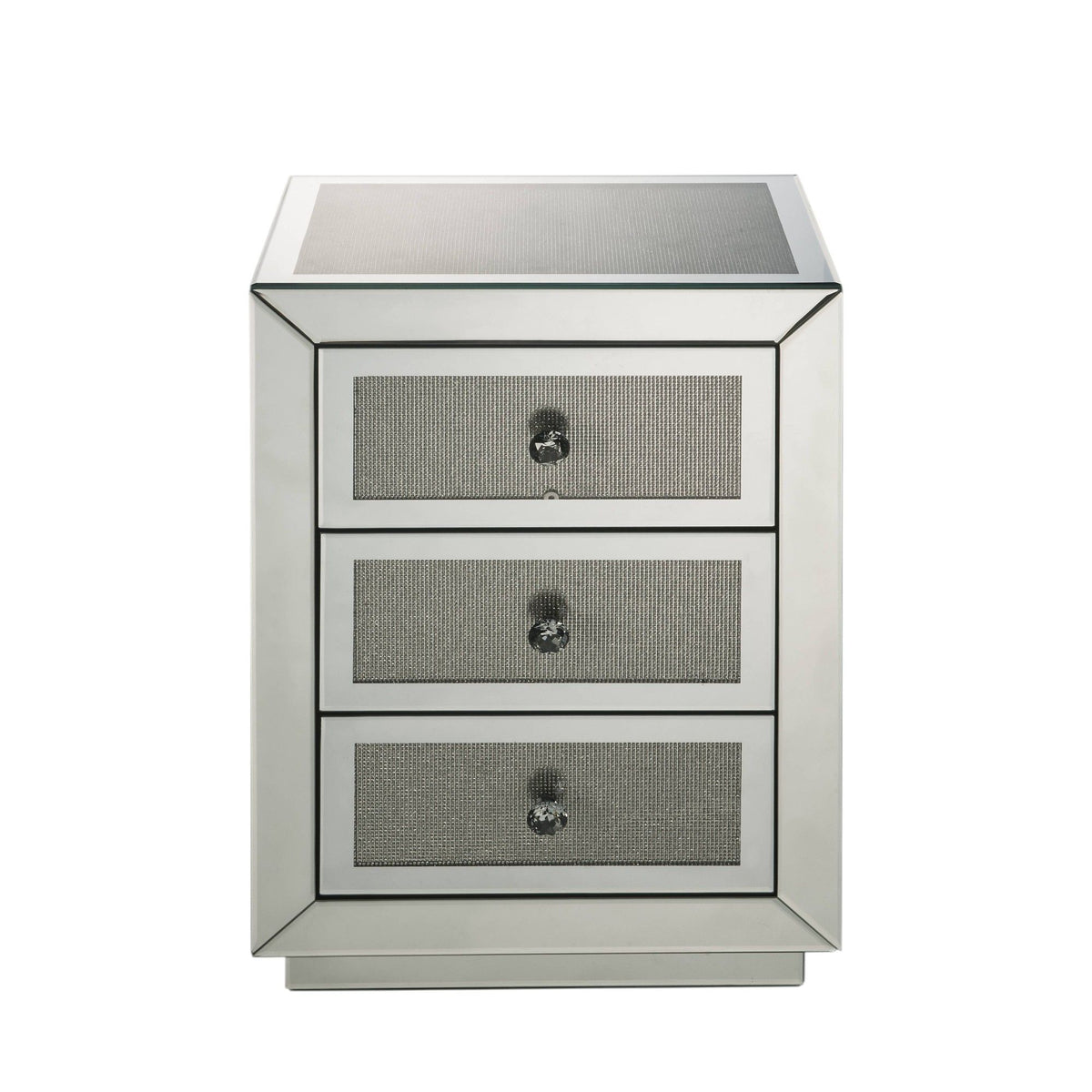 Silver mirrored accent table with three drawers and grey textured drawer fronts.