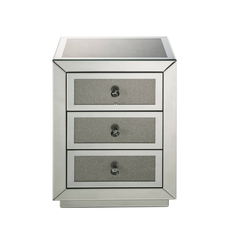 Silver mirrored accent table with three drawers and grey textured drawer fronts.