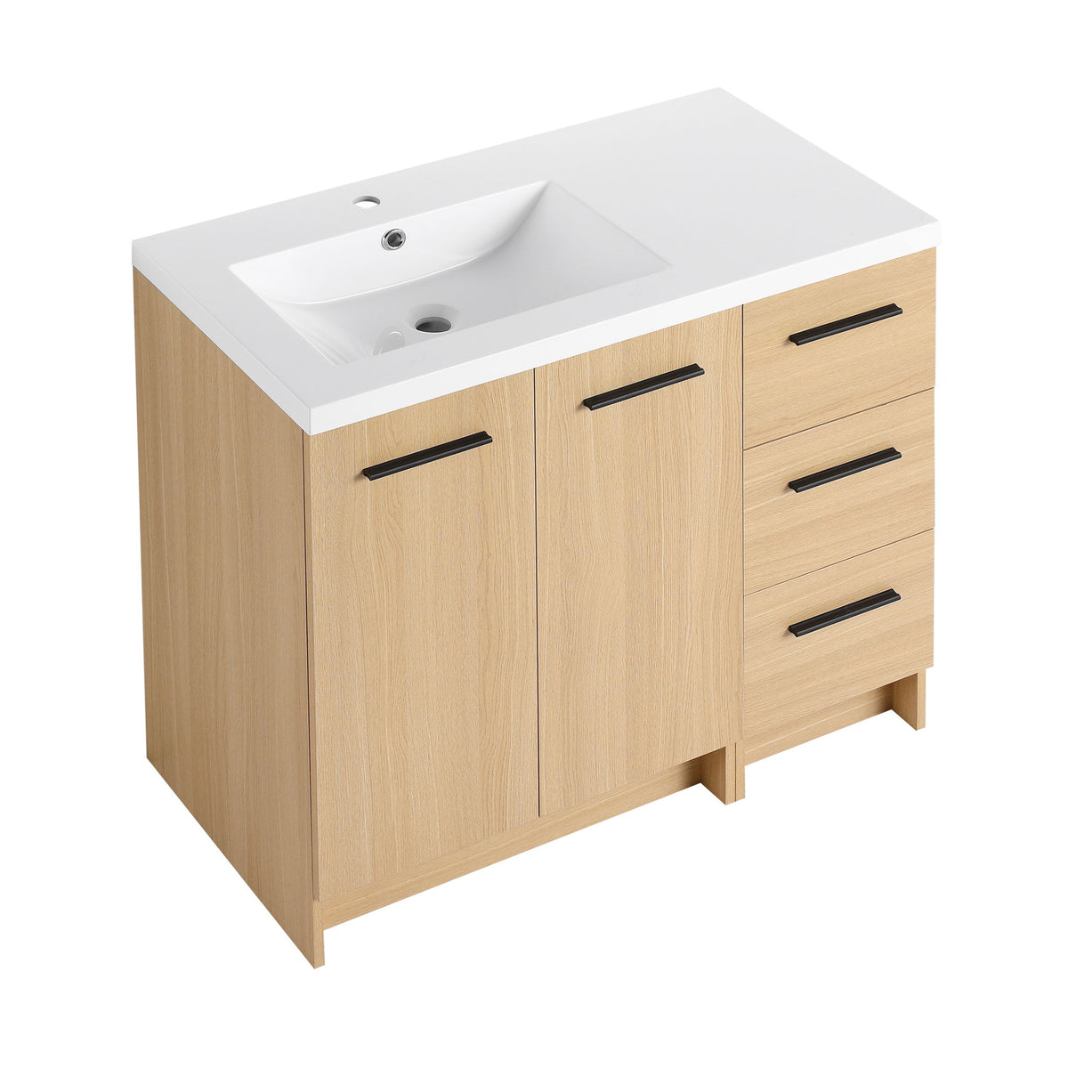 Floating bathroom vanity in light brown with white countertop sink, drawers and doors, black pulls