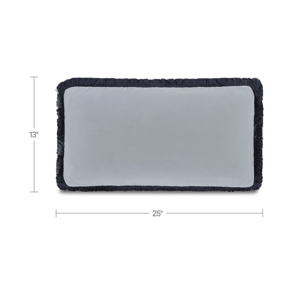 Lumbar faux mohair cushion, 25 in x 13 in, light blue panel with dark fringed edge