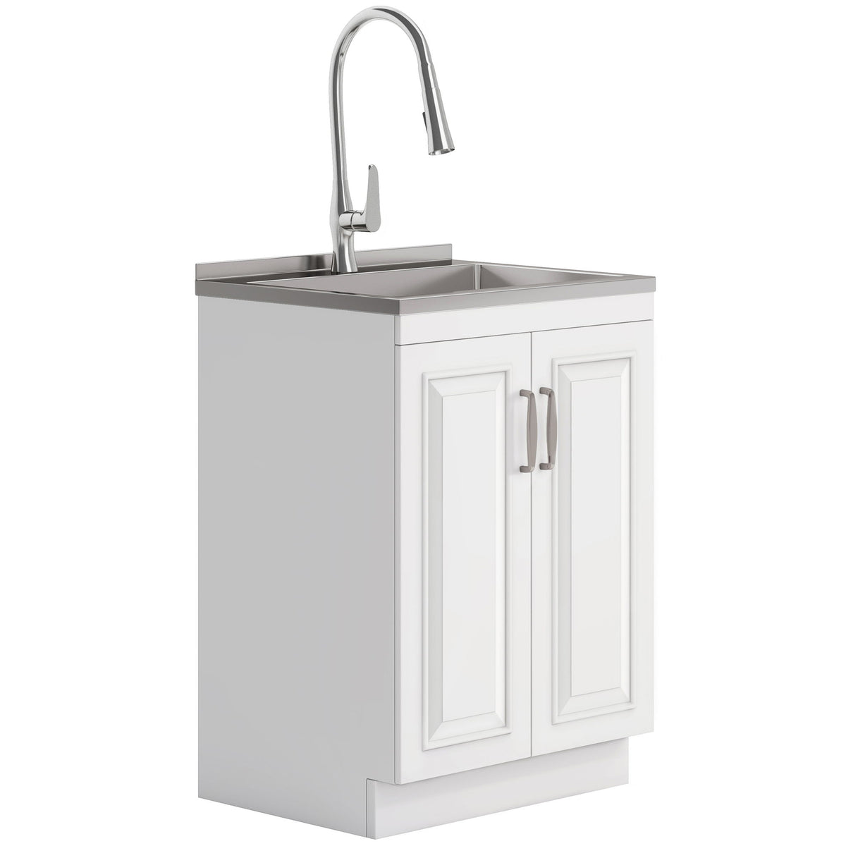 White laundry sink cabinet with stainless steel inset basin and chrome faucet
