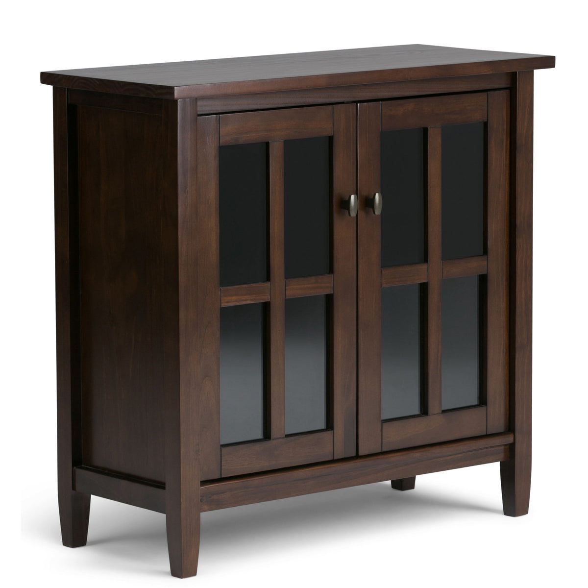 Dark brown wood low storage cabinet with two doors and centered metal handles