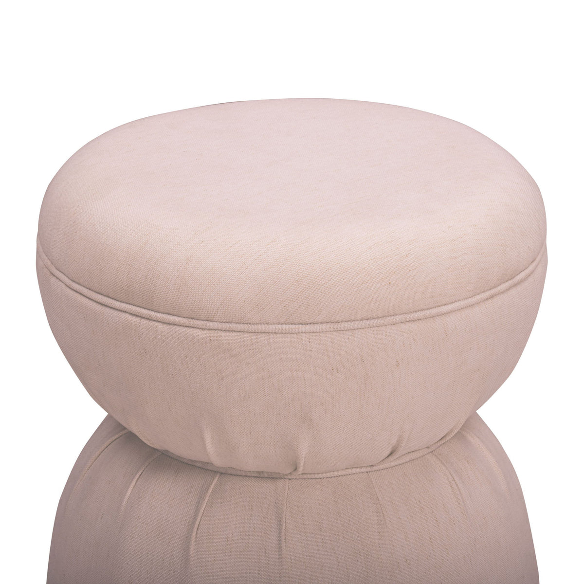 Ruched upholstered round ottoman with tufted top, light beige fabric