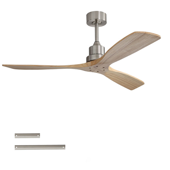 Compact view of a silver ceiling fan with three light wood blades