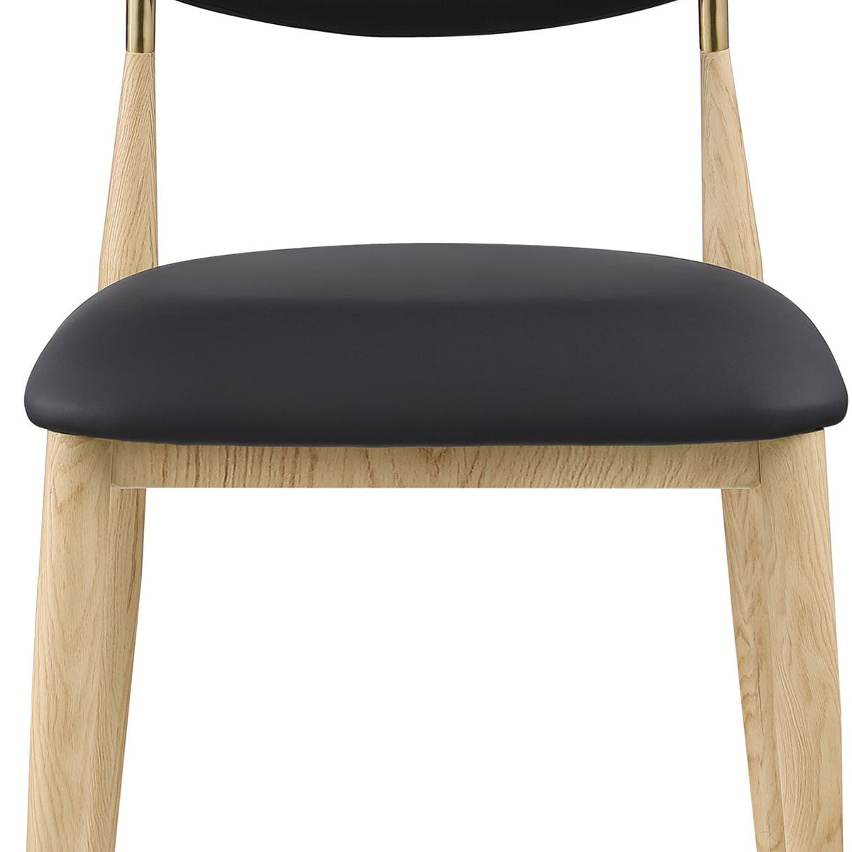 Vegan leather dining side chair with black cushioned seat and light wood legs