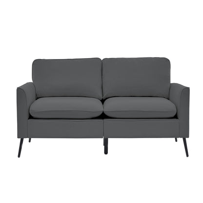 Dark gray upholstered loveseat with square arms, two back cushions, and black tapered legs