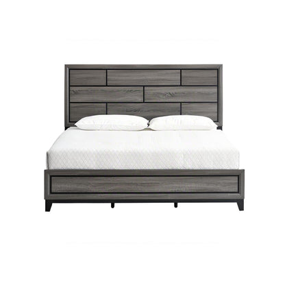 Dark gray bed frame with slatted panel headboard and under-bed storage drawer