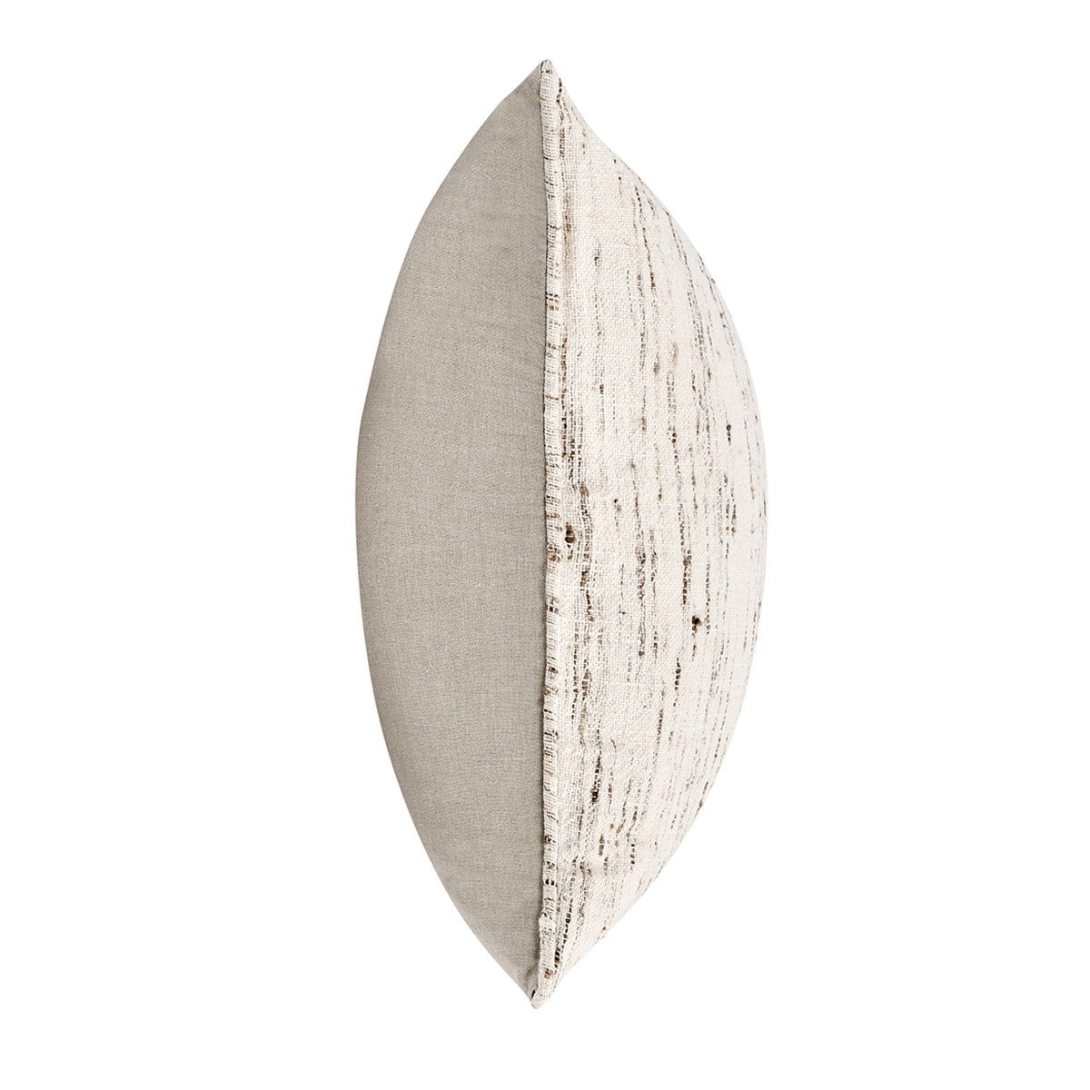 Decorative pillow side view, natural off-white fabric with vertical speckled stripe texture