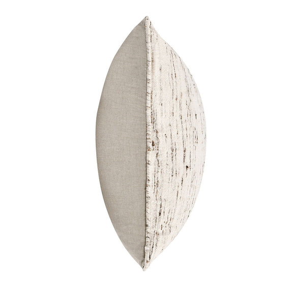Decorative pillow side view, natural off-white fabric with vertical speckled stripe texture