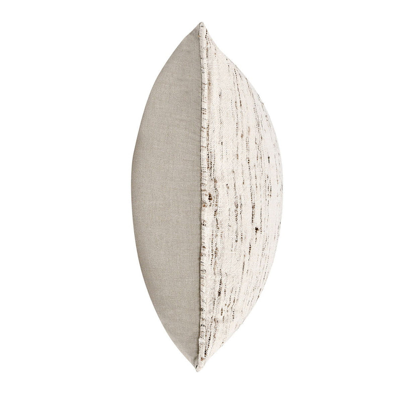 Decorative pillow side view, natural off-white fabric with vertical speckled stripe texture