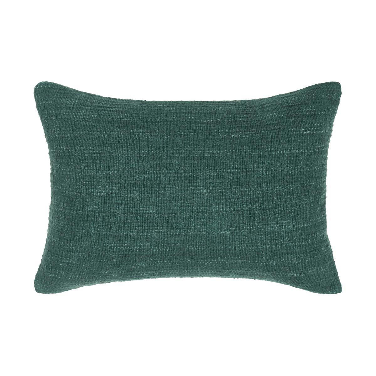 Jungle green lumbar-style pillow with textured woven fabric and squared edges