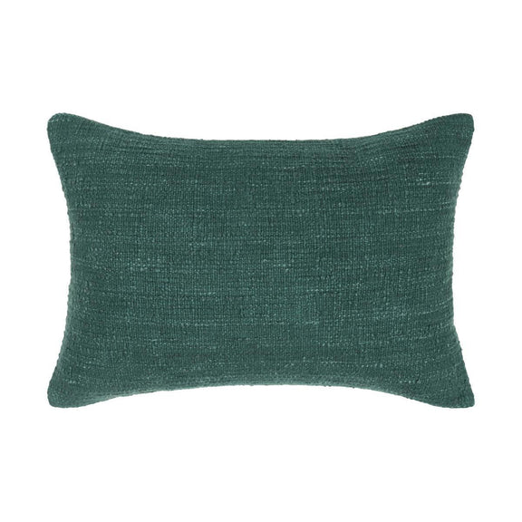 Jungle green lumbar-style pillow with textured woven fabric and squared edges