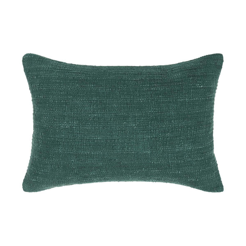 Jungle green lumbar-style pillow with textured woven fabric and squared edges
