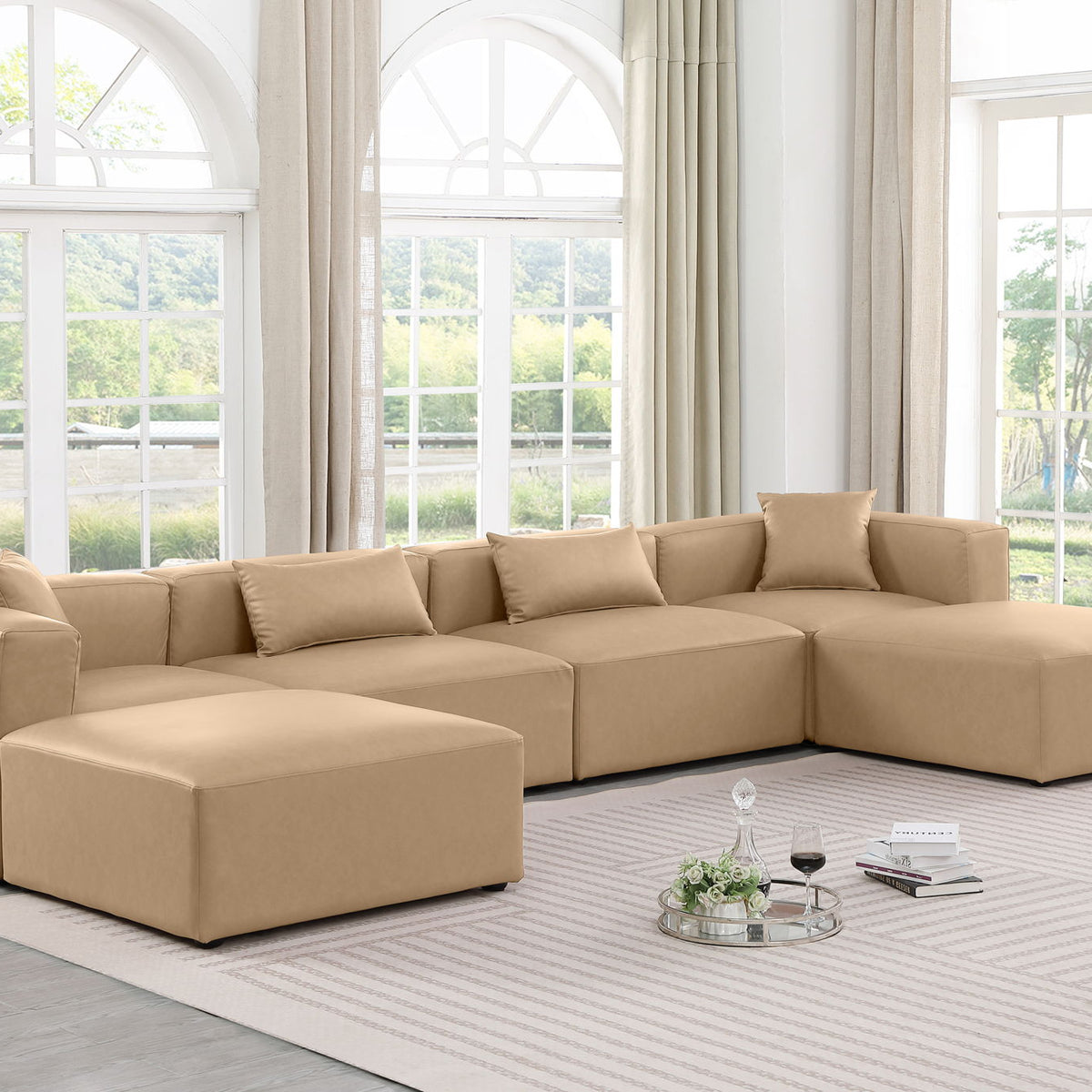 Cube - 6 Piece Modular Double Chaise Sectional - Tan
